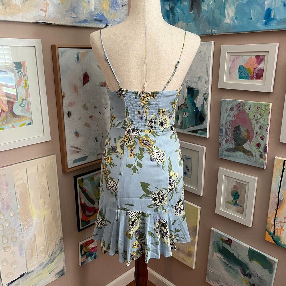 Free People Happy Heart Blue Floral Ruched Mini Dress Cottagecore Picnic Size S - Picture 4 of 9